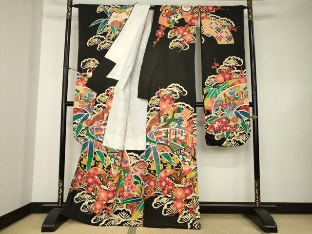 平和屋本店●アンティーク　大正ロマン　振袖　駒刺繍　地紙吉祥花文　黒地　金彩　正絹　逸品　AABK3158ck