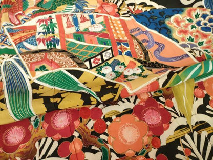 平和屋本店●アンティーク　大正ロマン　振袖　駒刺繍　地紙吉祥花文　黒地　金彩　正絹　逸品　AABK3158ck