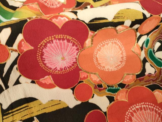 平和屋本店●アンティーク　大正ロマン　振袖　駒刺繍　地紙吉祥花文　黒地　金彩　正絹　逸品　AABK3158ck
