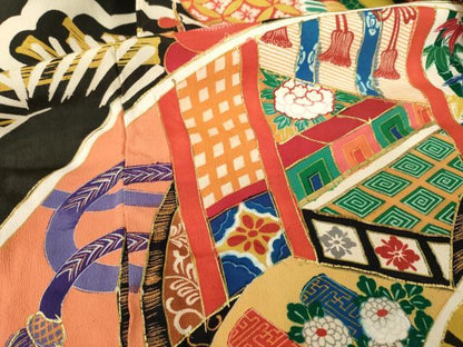 平和屋本店●アンティーク　大正ロマン　振袖　駒刺繍　地紙吉祥花文　黒地　金彩　正絹　逸品　AABK3158ck