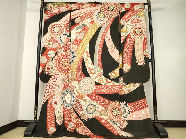 平和屋本店●アンティーク　大正ロマン　振袖　駒刺繍　孔雀羽文　花　黒地　金彩　ロング丈　正絹　逸品　AABK3159ck