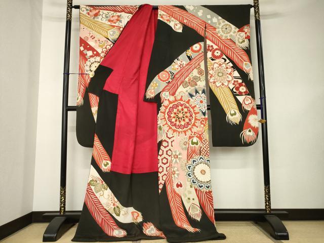 平和屋本店●アンティーク　大正ロマン　振袖　駒刺繍　孔雀羽文　花　黒地　金彩　ロング丈　正絹　逸品　AABK3159ck