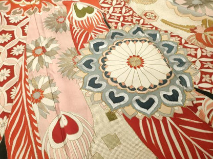 平和屋本店●アンティーク　大正ロマン　振袖　駒刺繍　孔雀羽文　花　黒地　金彩　ロング丈　正絹　逸品　AABK3159ck