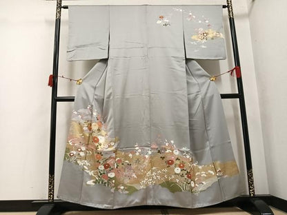 平和屋着物●訪問着　駒刺繍　草花文　金彩　正絹　逸品　AABK3171ph