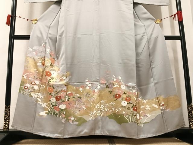 平和屋着物●訪問着　駒刺繍　草花文　金彩　正絹　逸品　AABK3171ph