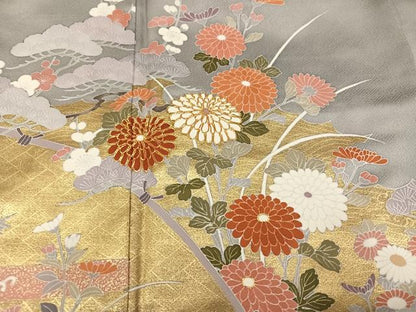 平和屋着物●訪問着　駒刺繍　草花文　金彩　正絹　逸品　AABK3171ph