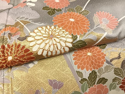 平和屋着物●訪問着　駒刺繍　草花文　金彩　正絹　逸品　AABK3171ph