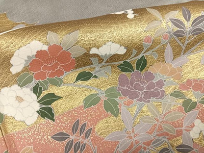 平和屋着物●訪問着　駒刺繍　草花文　金彩　正絹　逸品　AABK3171ph
