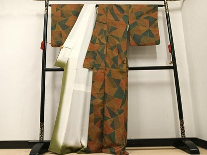 平和屋着物●上質な小紋　紬地　幾何学文様　正絹　逸品　AABK3204ph