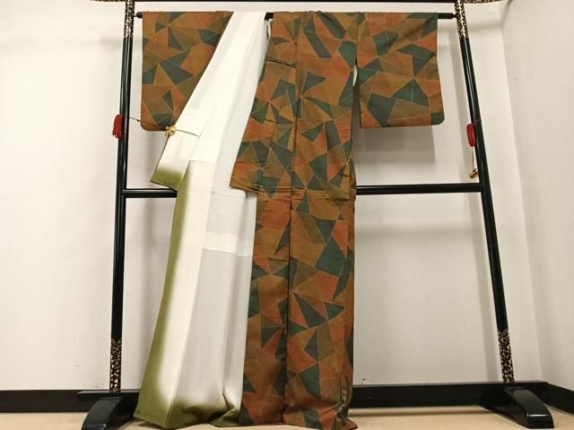 平和屋着物●上質な小紋　紬地　幾何学文様　正絹　逸品　AABK3204ph