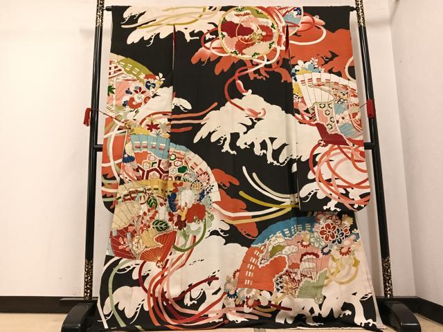 平和屋本店●アンティーク　大正ロマン　振袖　駒刺繍　檜扇草花文　黒地　正絹　逸品　AABK3207ph