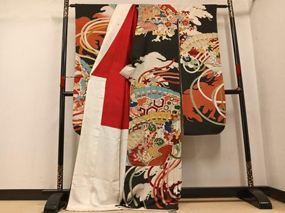 平和屋本店●アンティーク　大正ロマン　振袖　駒刺繍　檜扇草花文　黒地　正絹　逸品　AABK3207ph