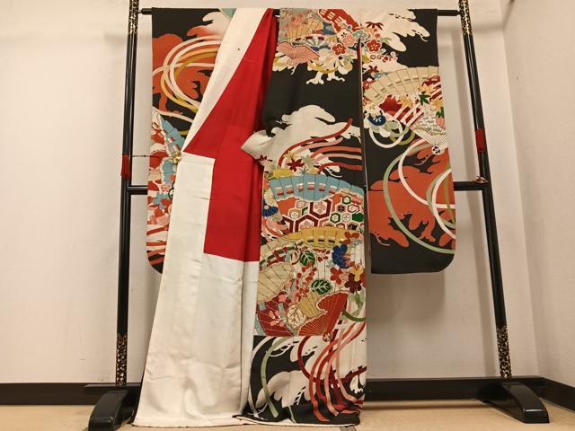 平和屋本店●アンティーク　大正ロマン　振袖　駒刺繍　檜扇草花文　黒地　正絹　逸品　AABK3207ph
