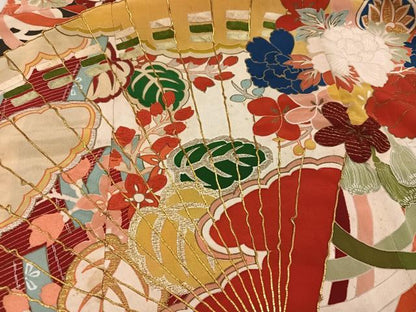 平和屋本店●アンティーク　大正ロマン　振袖　駒刺繍　檜扇草花文　黒地　正絹　逸品　AABK3207ph