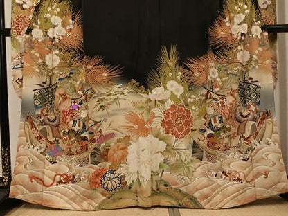 平和屋本店●アンティーク　大正ロマン　振袖　駒刺繍　飛鶴草花宝船　黒地　金彩　正絹　逸品　AABK3209ph