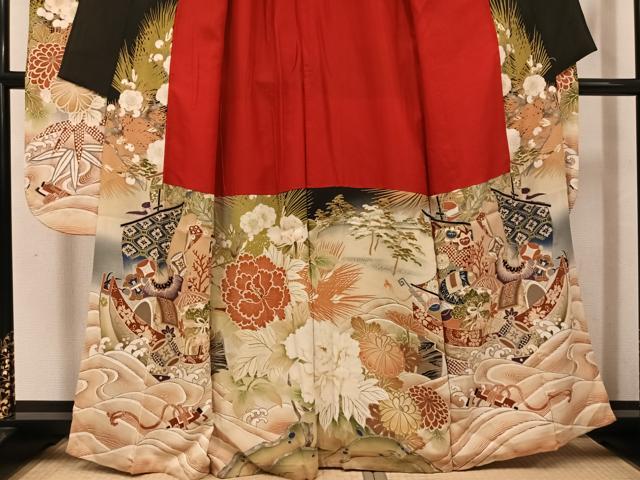 平和屋本店●アンティーク　大正ロマン　振袖　駒刺繍　飛鶴草花宝船　黒地　金彩　正絹　逸品　AABK3209ph