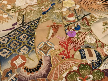 平和屋本店●アンティーク　大正ロマン　振袖　駒刺繍　飛鶴草花宝船　黒地　金彩　正絹　逸品　AABK3209ph