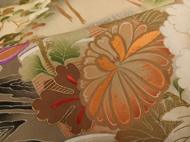平和屋本店●アンティーク　大正ロマン　振袖　駒刺繍　飛鶴草花宝船　黒地　金彩　正絹　逸品　AABK3209ph