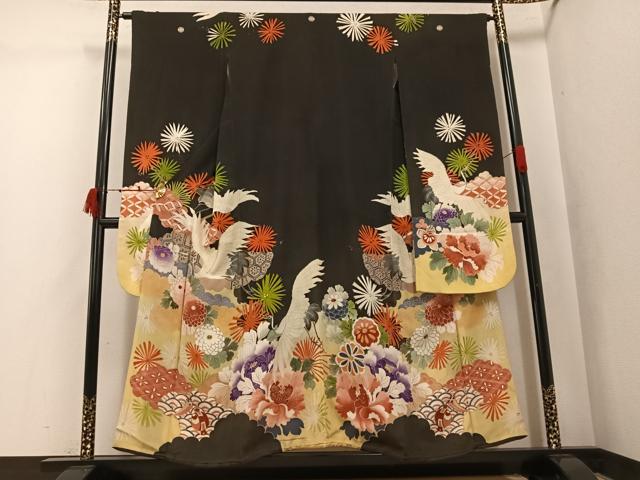 平和屋着物●アンティーク　大正ロマン　振袖　駒刺繍　群れ鶴花文　黒地　金銀彩　正絹　逸品　AABK3211ph