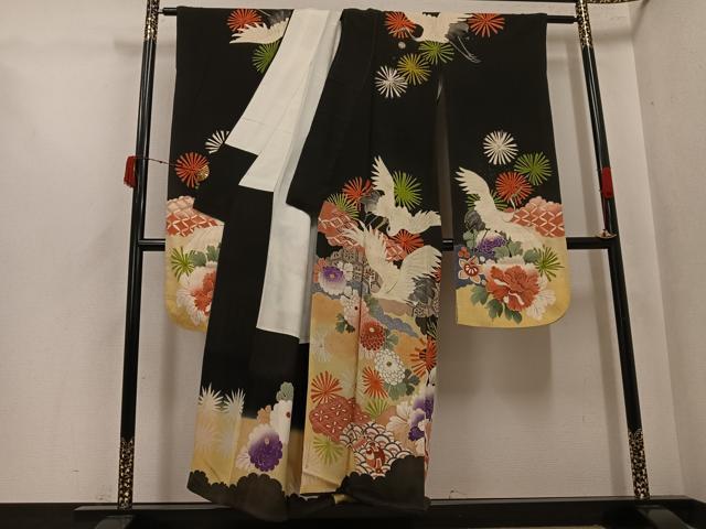 平和屋着物●アンティーク　大正ロマン　振袖　駒刺繍　群れ鶴花文　黒地　金銀彩　正絹　逸品　AABK3211ph