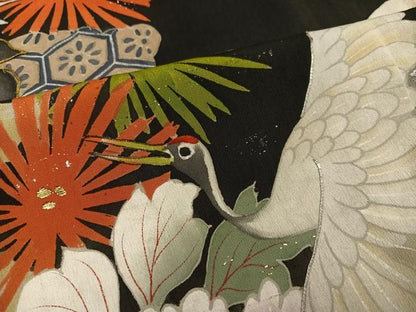 平和屋着物●アンティーク　大正ロマン　振袖　駒刺繍　群れ鶴花文　黒地　金銀彩　正絹　逸品　AABK3211ph