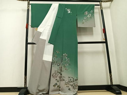 平和屋着物●訪問着　刺繍　更紗花鳥舞蝶文　暈し染め　金彩　正絹　逸品　AABK3213ph