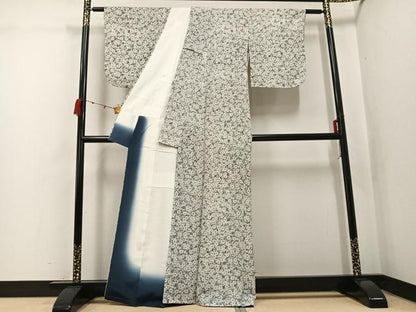 平和屋着物●上質な小紋　草花文　黒地　正絹　逸品　未使用　AABK3216ph