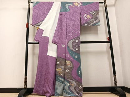 平和屋着物●訪問着　絞り　刺繍　草花文　金彩　正絹　逸品　AABK3221ph