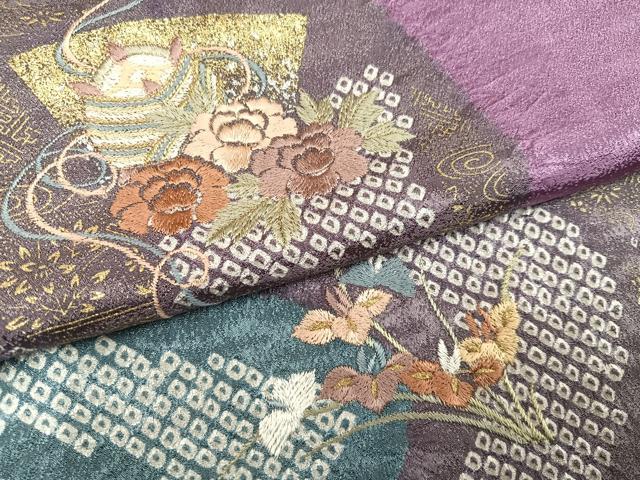 平和屋着物●訪問着　絞り　刺繍　草花文　金彩　正絹　逸品　AABK3221ph