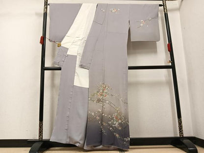 平和屋着物●訪問着　総刺繍　中国三大刺繍　スワトウ刺繍　汕頭刺繍　草花文　暈し染め　金糸　正絹　逸品　AABK3223ph