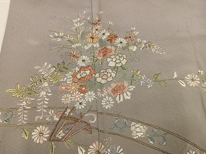 平和屋着物●訪問着　総刺繍　中国三大刺繍　スワトウ刺繍　汕頭刺繍　草花文　暈し染め　金糸　正絹　逸品　AABK3223ph