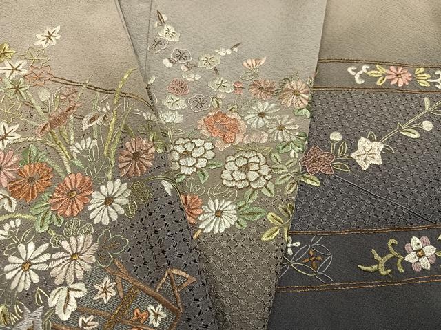 平和屋着物●訪問着　総刺繍　中国三大刺繍　スワトウ刺繍　汕頭刺繍　草花文　暈し染め　金糸　正絹　逸品　AABK3223ph