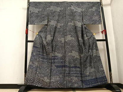 平和屋着物●お召　訪問着　辻が花　藍　正絹　逸品　AABK3226ph