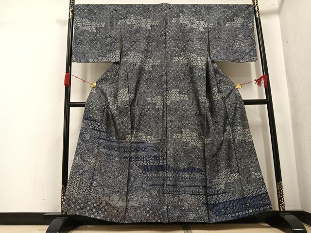 平和屋着物●お召　訪問着　辻が花　藍　正絹　逸品　AABK3226ph