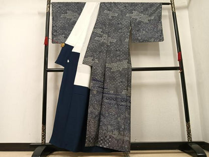 平和屋着物●お召　訪問着　辻が花　藍　正絹　逸品　AABK3226ph