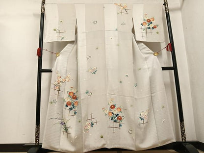 平和屋着物●訪問着　草花文　鬼しぼ縮緬　正絹　逸品　AABK3234ph