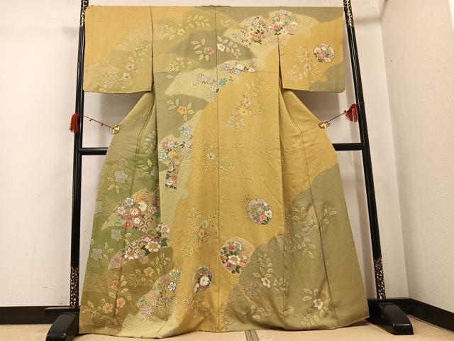 平和屋着物●訪問着　駒刺繍　絞り　草花文　金彩　正絹　逸品　AABK3235ph