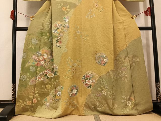 平和屋着物●訪問着　駒刺繍　絞り　草花文　金彩　正絹　逸品　AABK3235ph