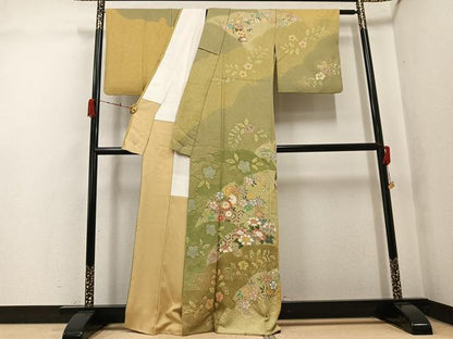 平和屋着物●訪問着　駒刺繍　絞り　草花文　金彩　正絹　逸品　AABK3235ph