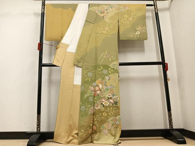 平和屋着物●訪問着　駒刺繍　絞り　草花文　金彩　正絹　逸品　AABK3235ph