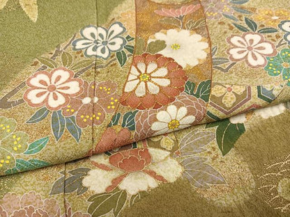 平和屋着物●訪問着　駒刺繍　絞り　草花文　金彩　正絹　逸品　AABK3235ph