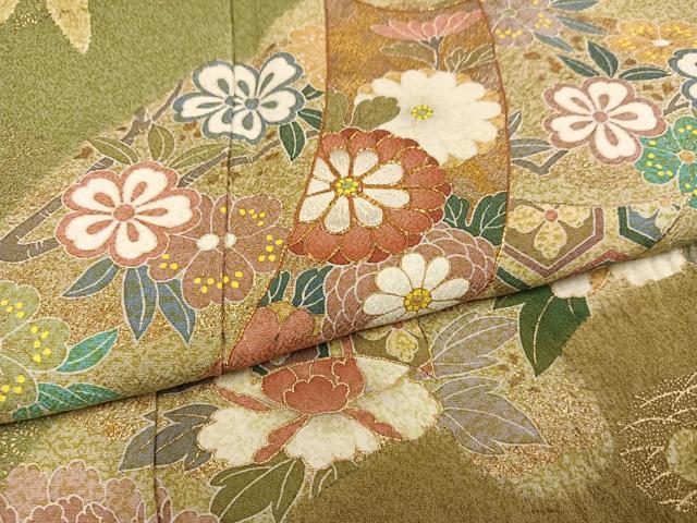 平和屋着物●訪問着　駒刺繍　絞り　草花文　金彩　正絹　逸品　AABK3235ph