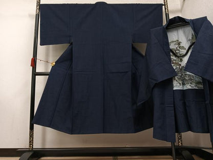 平和屋着物●男性　紬　アンサンブル　色無地　藍鉄色　正絹　逸品　AABK3250ph