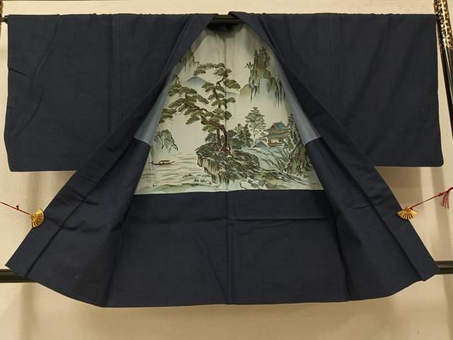 平和屋着物●男性　紬　アンサンブル　色無地　藍鉄色　正絹　逸品　AABK3250ph