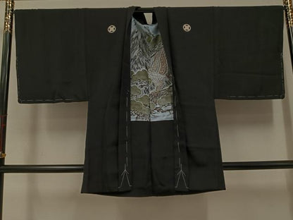 平和屋着物●男性　黒紋付・羽織セット　正絹　逸品　AABK3252ph