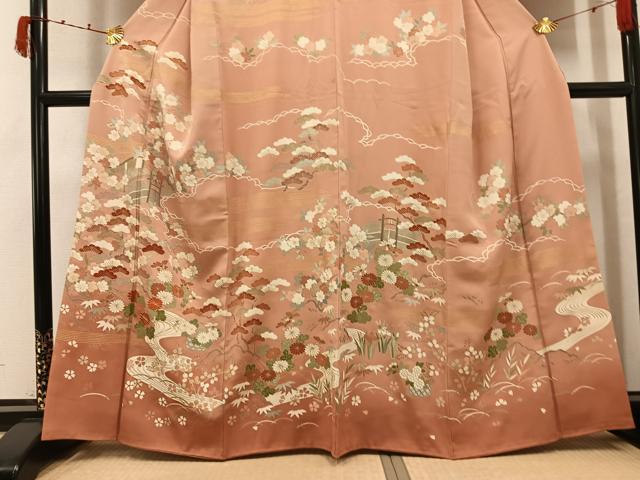 平和屋着物●訪問着　駒刺繍　流水草花文　暈し染め　金彩　正絹　逸品　AABK3263ph