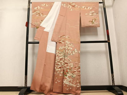 平和屋着物●訪問着　駒刺繍　流水草花文　暈し染め　金彩　正絹　逸品　AABK3263ph