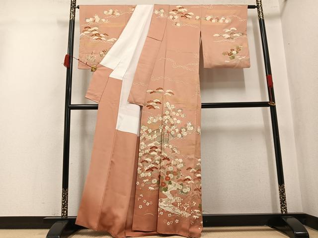 平和屋着物●訪問着　駒刺繍　流水草花文　暈し染め　金彩　正絹　逸品　AABK3263ph