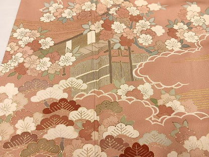 平和屋着物●訪問着　駒刺繍　流水草花文　暈し染め　金彩　正絹　逸品　AABK3263ph