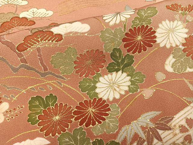 平和屋着物●訪問着　駒刺繍　流水草花文　暈し染め　金彩　正絹　逸品　AABK3263ph